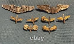 (2) WWII USA Pilot Wings and (6) WW2 Army Air Force Propellor Wing Pins