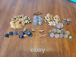 74 U. S. Military Hat/Badges Pins Buttons WWII Army Air Force Marines Sterling/GF