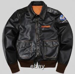 Mens A2 Flight Leather Jacket WWII US Army Air Forces Bomber Vintage Patch Coat