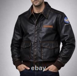 Mens A2 Flight Leather Jacket WWII US Army Air Forces Bomber Vintage Patch Coat