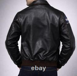 Mens A2 Flight Leather Jacket WWII US Army Air Forces Bomber Vintage Patch Coat