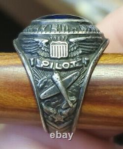Old WW2 USAAF Army AIR FORCE Napier Field STERLING Silver PILOTS RING Sapphire