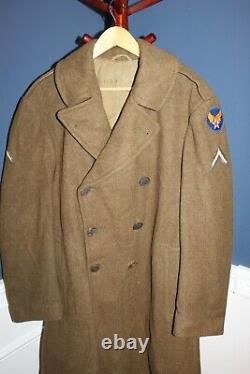 Original Early WW2 U. S. Army Air Forces PFC Patched OD Wool Overcoat, 1940 d