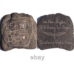 Vtg 40s WWII Folk Art Carved Rock Stone US Army Air Corps Military Primitive MA