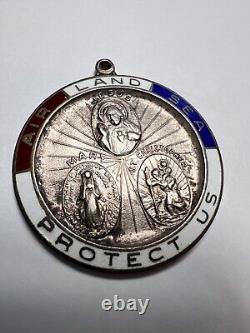 Vtg WWII Army Navy Land Air Sea Sterling St Christopher Protect US Pendant