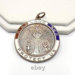 Vtg WWII Army Navy Land Air Sea Sterling St Christopher Protect US Pendant LLC4