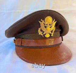 WW2 USAAF Army Air Corp Officers Chocolate OD Crusher Visor Hat Cap Sz 7-1/8