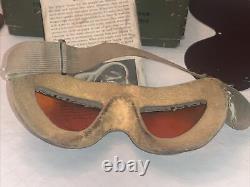 WW2 US ARMY AIR CORPS AN 6530 FLIGHT GOGGLES Amber + Red lenses in box with Log