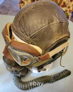 WW2 US Army Air Corps LEATHER PILOTS HELMET GOGGLES OXYGEN MASK & BOX