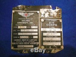 WWII AAF Vultee BT-15 BT-13 Airplane Data Plate, Army Air Forces Cockpit Pilot