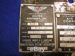 WWII AAF Vultee BT-15 BT-13 Airplane Data Plate, Army Air Forces Cockpit Pilot