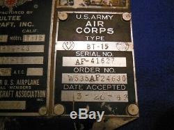 WWII AAF Vultee BT-15 BT-13 Airplane Data Plate, Army Air Forces Cockpit Pilot