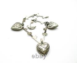 WWII Puffy Heart Charm Key Link Bracelet Sterling Army Air Corp Sweetheart Wings