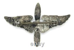 WWII US Army Air Corps Sterling Silver Propeller Wings Pin (Fancy Pattern Back)