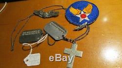 WWII US Army Air Force Pilot Dog Tag Group Sterling Silver Chian Wings Patch Pin