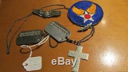 WWII US Army Air Force Pilot Dog Tag Group Sterling Silver Chian Wings Patch Pin