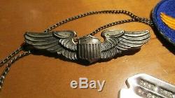 WWII US Army Air Force Pilot Dog Tag Group Sterling Silver Chian Wings Patch Pin