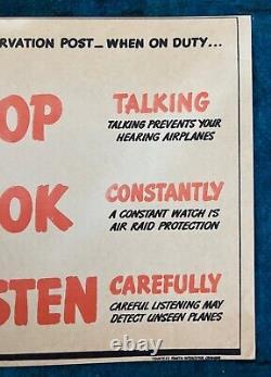 WWII WW2 Original War Poster Stop Look Listen US Army Airplane Air Raid Lookout