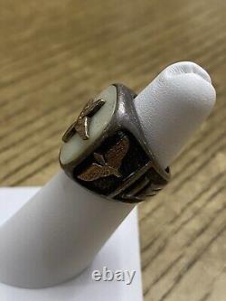 Wwii Silver 12k Gold Prop Wing Army Air Force Military Ring Mother Of Pearl Sz 5