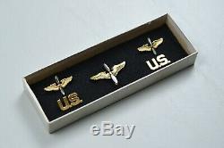 Wwii U. S. Army Air Corps Officers U. S. & Wing & Prop Lapel Set In Original Box