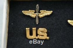 Wwii U. S. Army Air Corps Officers U. S. & Wing & Prop Lapel Set In Original Box